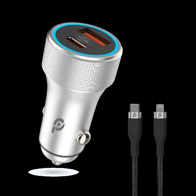PowerO+ Power Extreme PD+QC Dual Output Car Charger 48W- Includes Type-C to Lightning Braided Cable.