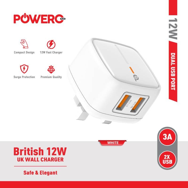 Powero+ British Dual USB 3A Adapter- 3A , 12W