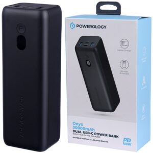 Powerology Onyx 30000mAh Dual USB-C Power Bank Rapid Four-Device Charging