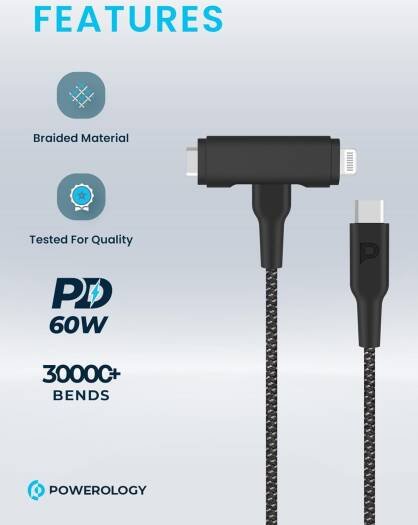 Powerology Braided USB-C to USB-C + Lightning