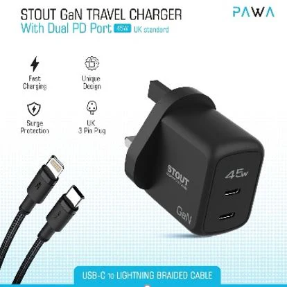 Pawa Stout Gan Travel Charger With Dual PD port 45W