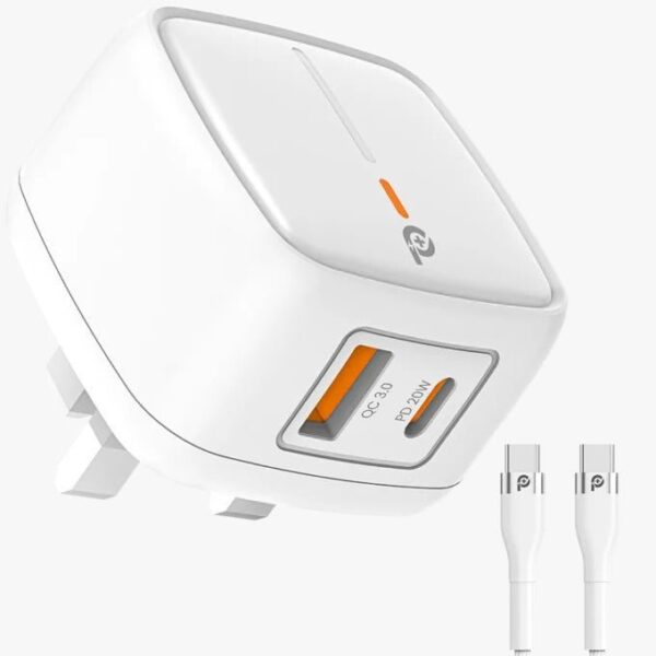 Powero+ British PD+QC Adapter 20WWith USB-C to USB-C Cable.