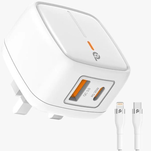 Powero+ British PD+QC Adapter 20WWith USB-C to Lightning Cable